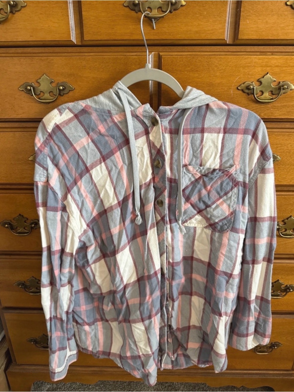 Plaid Hooded Button-Up Shirt - Pink & Gray